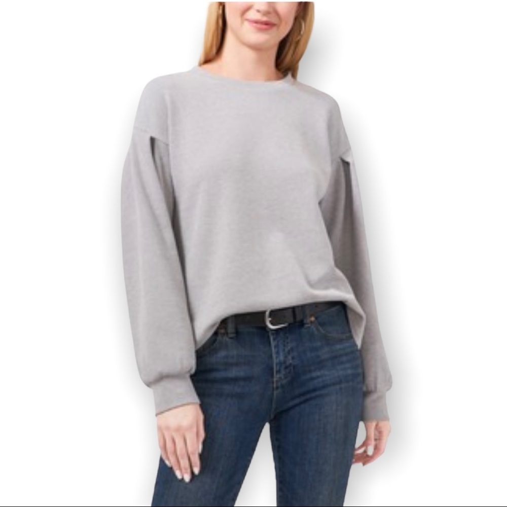 Vince Camuto Gray Pleat Rib Long Sleeve Top
